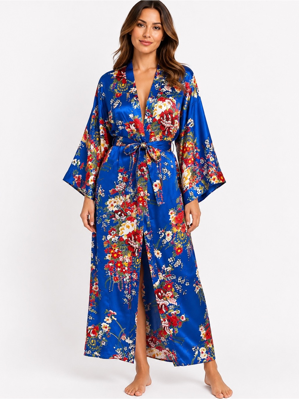 Royal Blue Floral Satin Silk Kimono Robe 👘